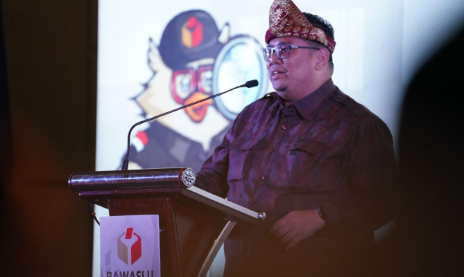 Ketua Bawaslu Rahmat Bagja saat hadir dalam Rakornas Evaluasi Pemberitaan Bawaslu pasca Pemilu 2024 di Palembang, Sumatera Selatan, Rabu (7/8/2024) malam.
