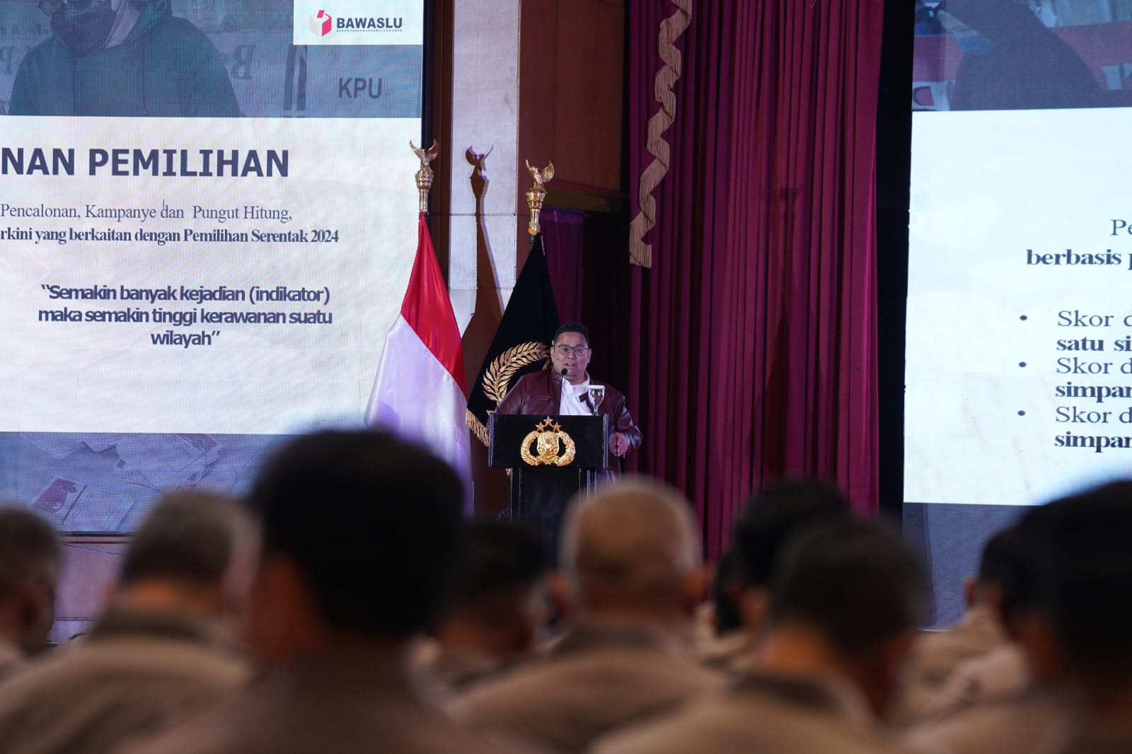 Ketua Bawaslu Rahmat Bagja dalam Rapat Koordinasi Propam Polri di Sekolah Tinggi Ilmu Kepolisian, Jakarta, Kamis, (26/9/2024).