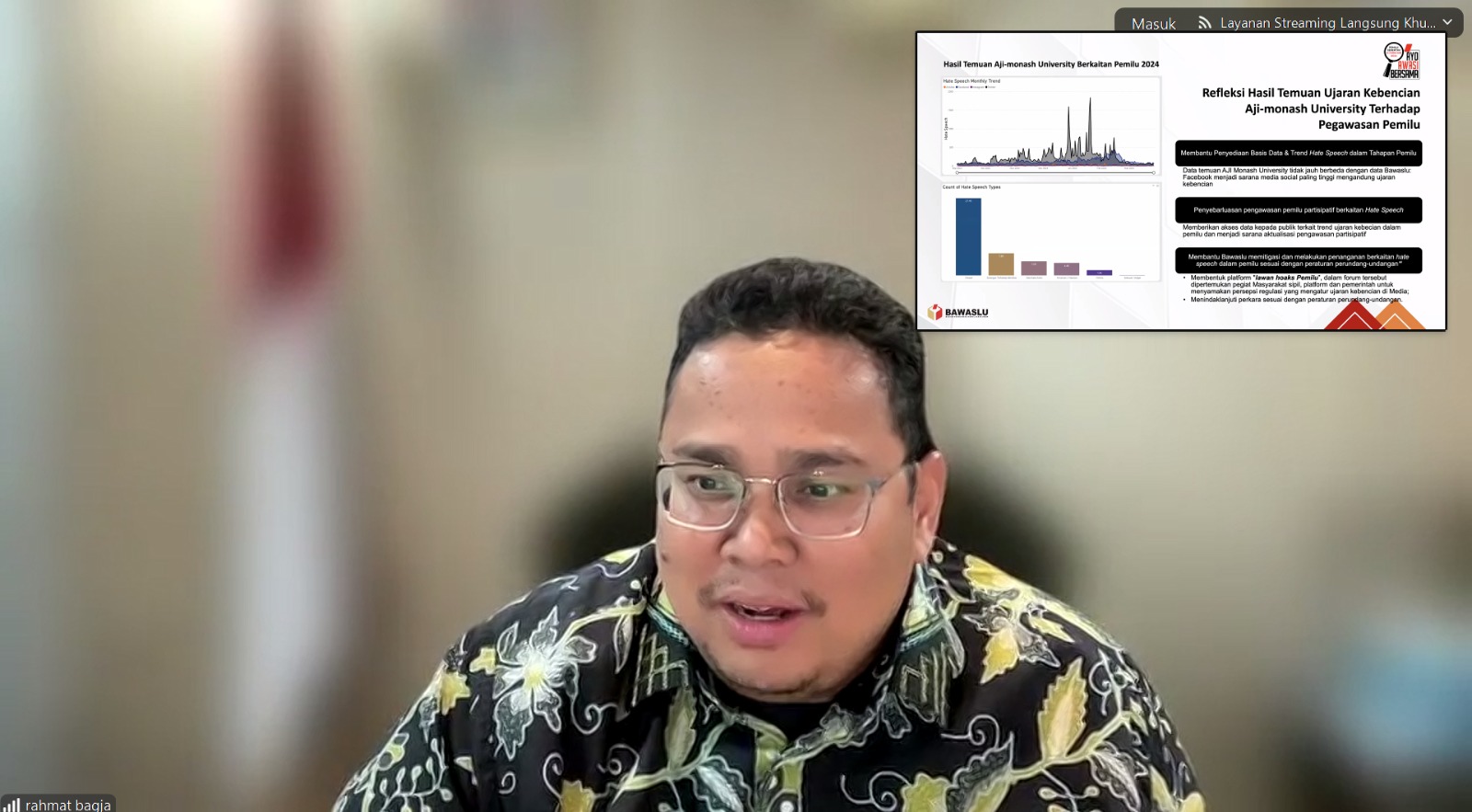 Ketua Bawaslu Rahmat Bagja saat menjadi narasumber webinar Memantau Ujaran Kebencian dan Jalan Menuju Pemilu yang Inklusif, Rabu (16/10/2024)