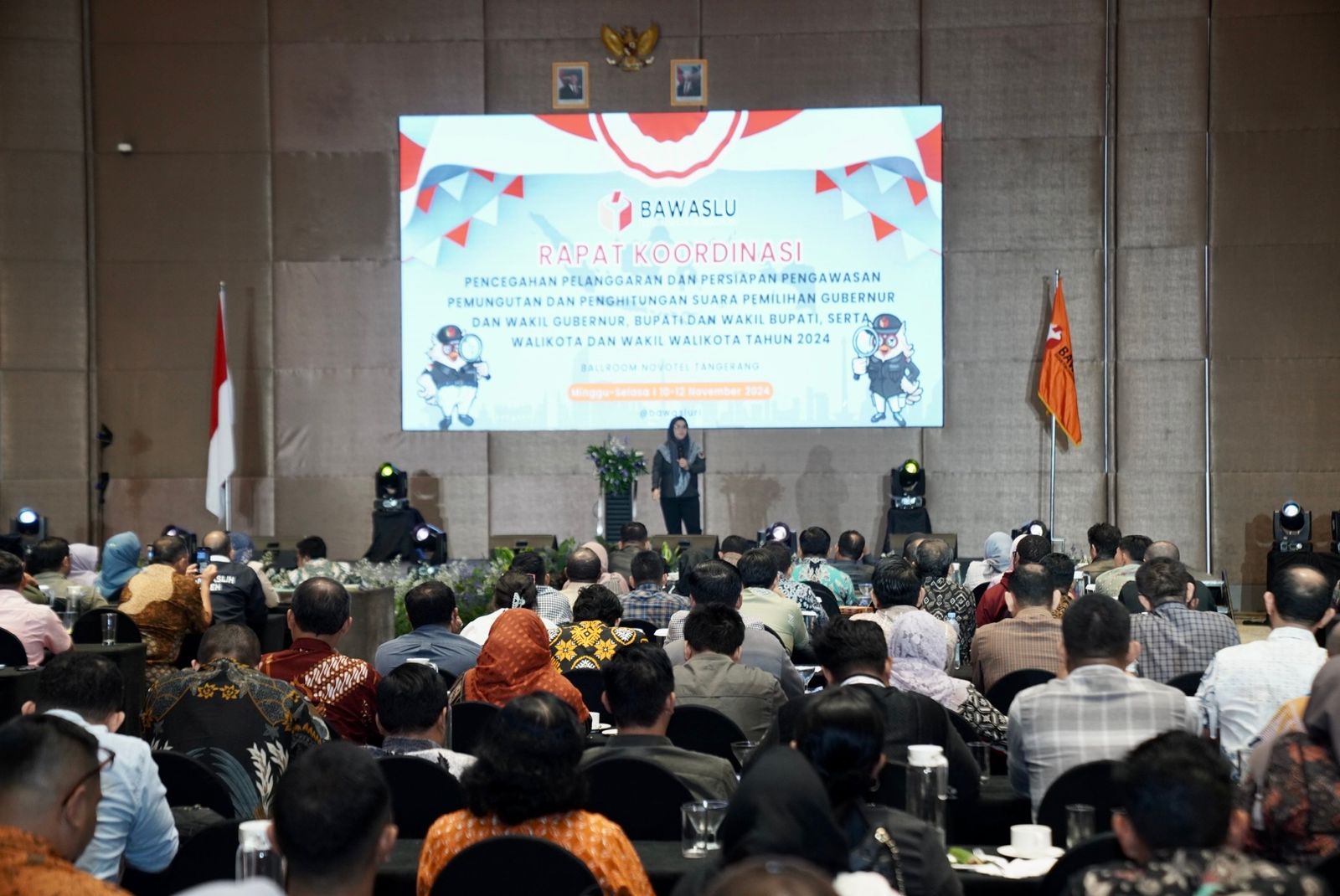 Anggota Bawaslu Lolly Suhenty dalam Rapat Koordinasi (Rakor) Pencegahan Pelanggaran dan Persiapan Pengawasan Pemungutan dan Perhitungan Suara Pemilihan Gubernur dan Wakil Gubernur, Bupati dan Wakil Bupati, Serta Walikota dan Wakil Walikota Tahun 2024 di Tangerang, Senin (11/11/2024).