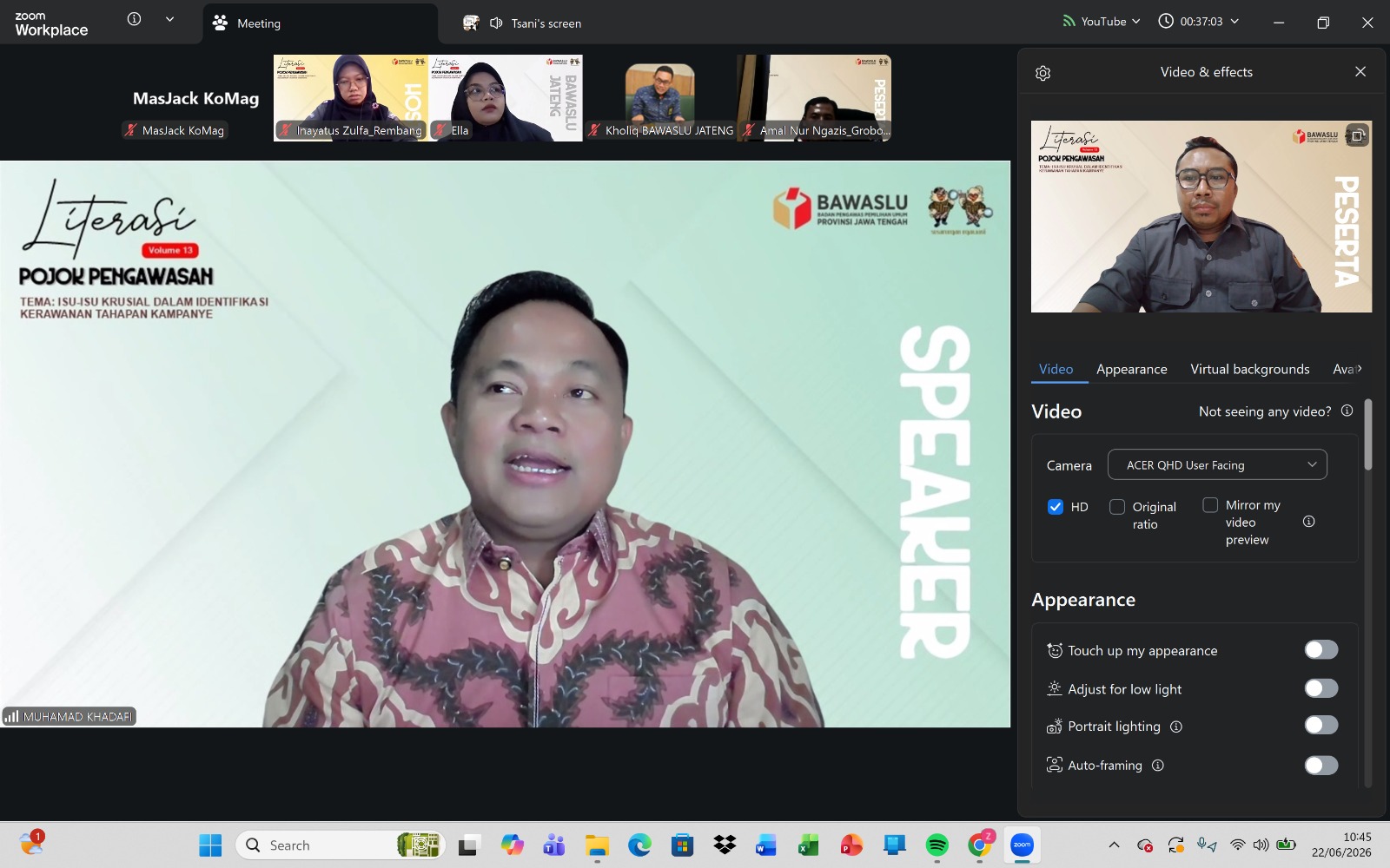 Bawaslu Kota Magelang Mengikuti Diskusi Literasi Pojok Pengawasan Vol.15 Melalui Zoom oleh Bawaslu Provinsi Jawa Tengah