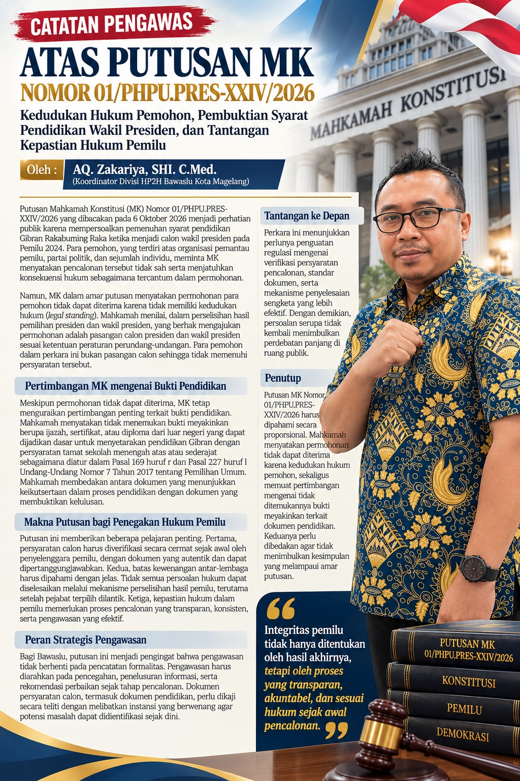 Bawaslu Kota Magelang Menjabarkan Pandangannya Melalui A.Q. ZAKARIYA, S.H.I., C.Med tentang Putusan MK Nomor 01/PHPU.PRES-XXIV/2026