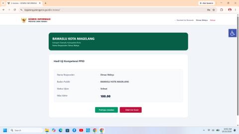 Bawaslu Kota Magelang berhasil memperoleh Nilai Sempurna dalam mengikuti Uji Kompetensi Monitoring dan Evaluasi (Monev) Tahap III yang diselenggarakan oleh Komisi Informasi (KI) Provinsi Jawa Tengah