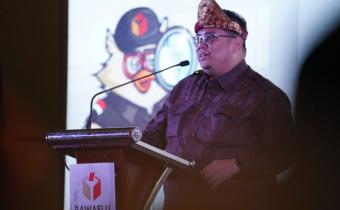 Ketua Bawaslu Rahmat Bagja saat hadir dalam Rakornas Evaluasi Pemberitaan Bawaslu pasca Pemilu 2024 di Palembang, Sumatera Selatan, Rabu (7/8/2024) malam.