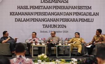 Ketua Bawaslu Rahmat Bagja dalam Disemenasi Hasil Pemetaan Penerapan Sistem Keamanan Persidangan dan Pengadilan Dalam Penanganan Perkara Pemilu Tahun 2024, yang digelar oleh Komisi Yudisial, di Kota Bekasi, Jawa Barat, Selasa, (3/9/2024).