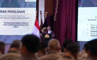 Ketua Bawaslu Rahmat Bagja dalam Rapat Koordinasi Propam Polri di Sekolah Tinggi Ilmu Kepolisian, Jakarta, Kamis, (26/9/2024).